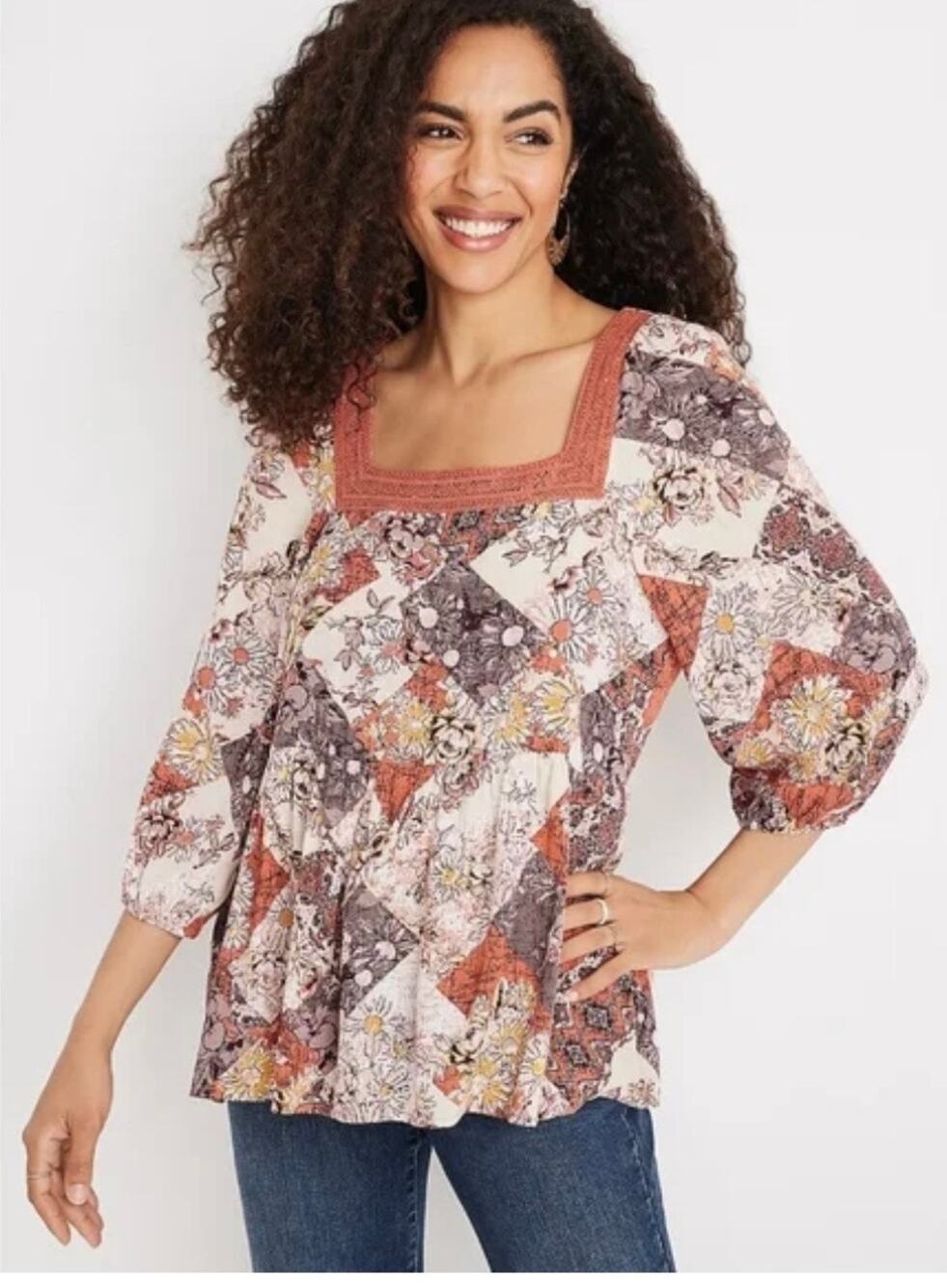 Maurices Crochet Trim Patchwork Babydoll Blouse Womens Size M Work Casual Boho